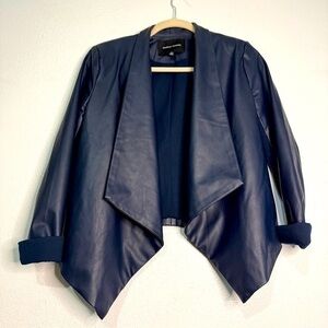 Jealous Tomato navy blue faux leather, open front jacket, Sz M. Preowned.